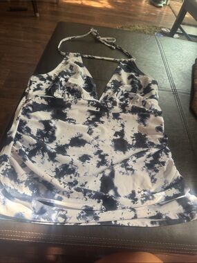 Women’s Navy & White Tie-Dye Halter Tankini swim top sz L top & bottoms szXXL